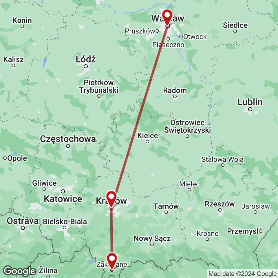 Route for Zakopane, Krakow, Warsaw tour